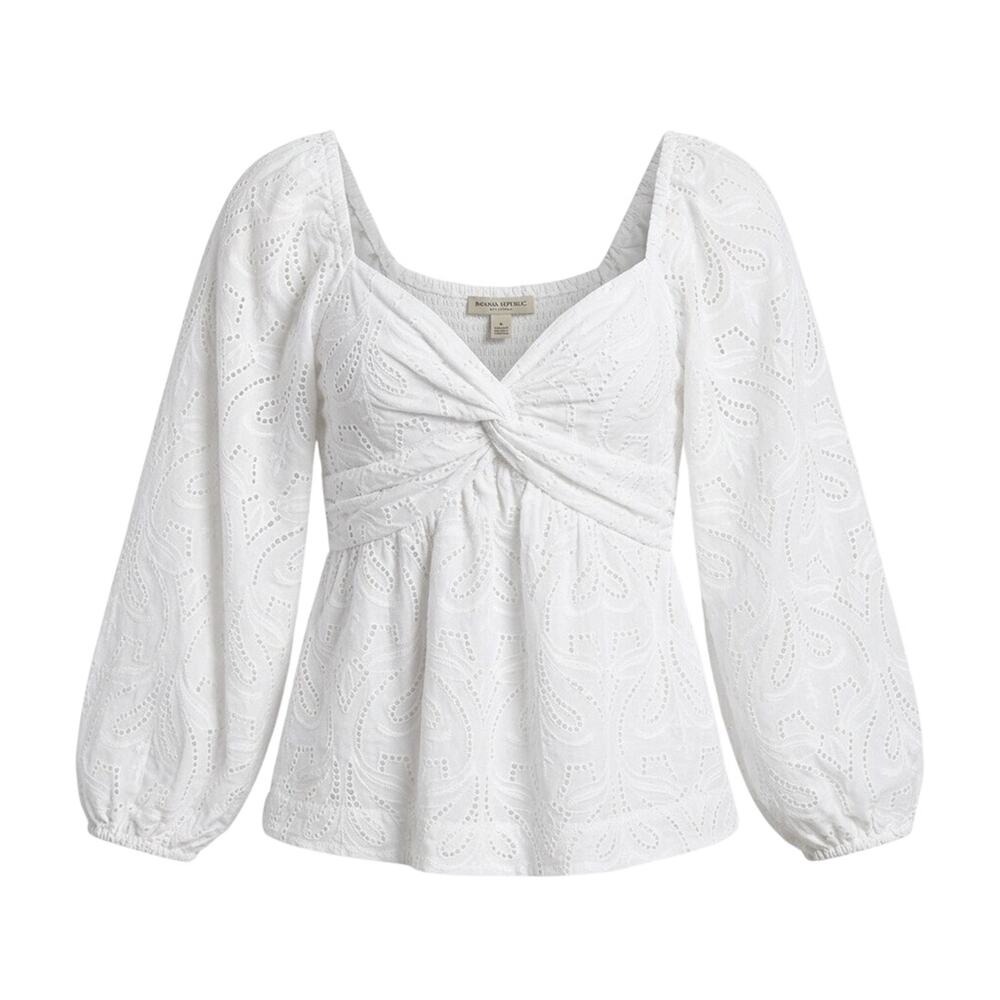 Banana Republic White Eyelet Twist Front Peasant Blouse